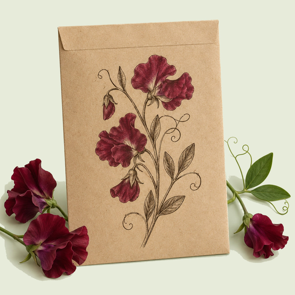Kraft seed packet illustrated with Beaujolais Sweet Pea, with fresh Beaujolais Sweet Pea beside it