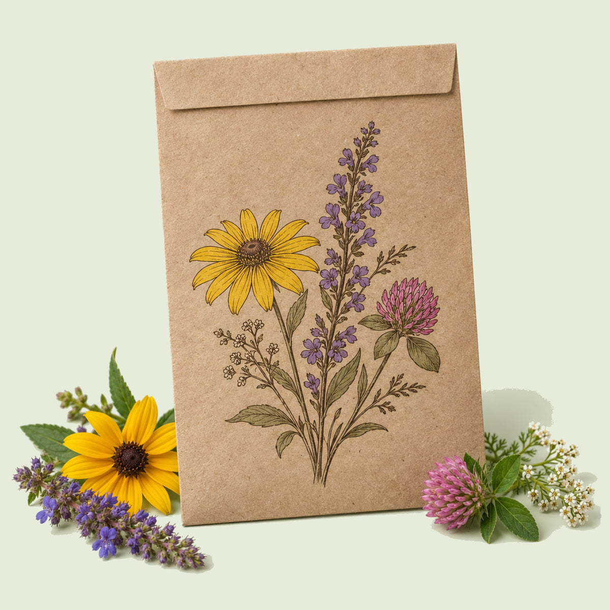 Kraft seed packet illustrated with Bee Friendly Flower Mix, with fresh Bee Friendly Flower Mix beside it