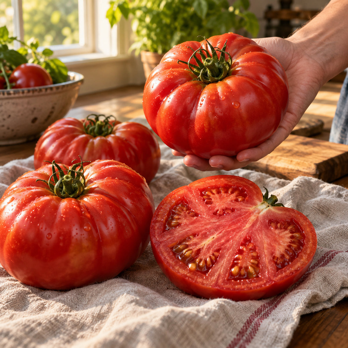 Beefsteak Pole Tomato Seeds harvest up close