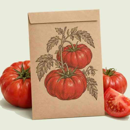 Kraft seed packet illustrated with Beefsteak Pole Tomato, with fresh Beefsteak Pole Tomato beside it
