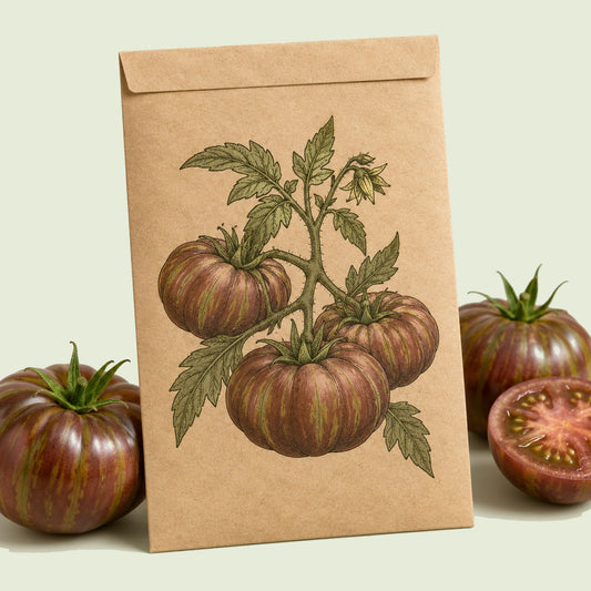 Kraft seed packet illustrated with Beefy Purple Bush Tomato, with fresh Beefy Purple Bush Tomato beside it