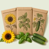 Kraft seed packet illustrated with Beginner Garden Seed Bundle, with fresh Beginner Garden Seed Bundle beside it