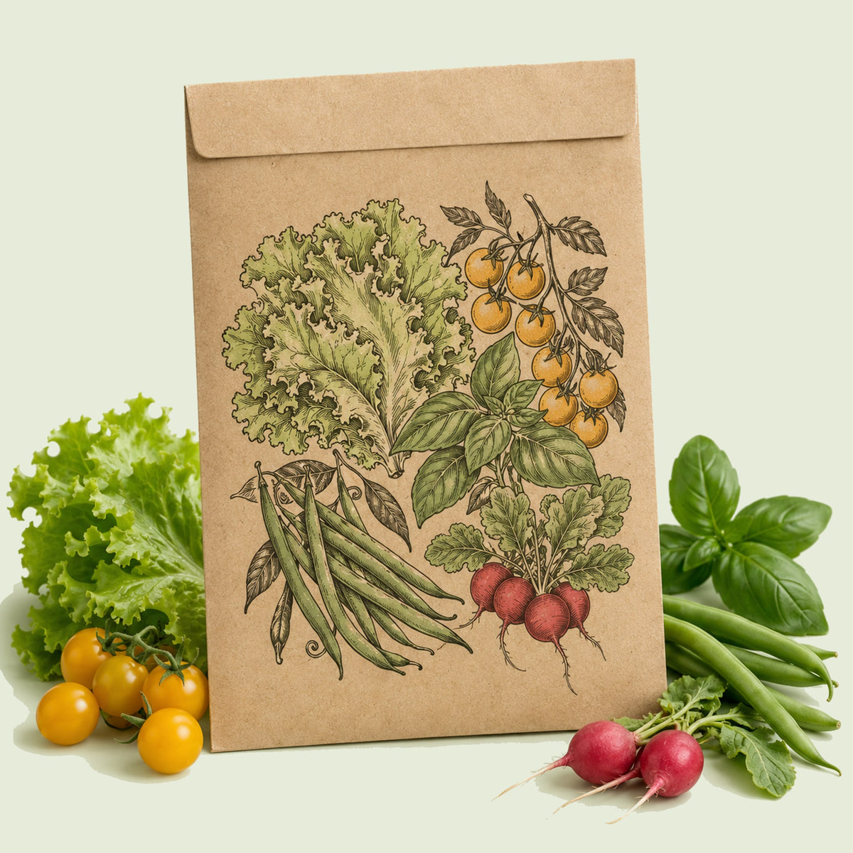 Kraft seed packet illustrated with Beginner Vegetable and Herb Seed Pack, with fresh Beginner Vegetable and Herb Seed Pack beside it