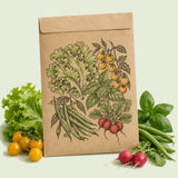 Kraft seed packet illustrated with Beginner Vegetable and Herb Seed Pack, with fresh Beginner Vegetable and Herb Seed Pack beside it