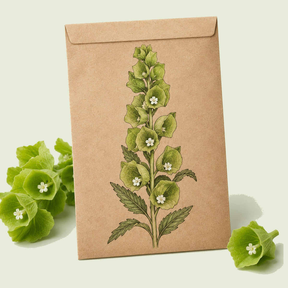 Kraft seed packet illustrated with Bells of Ireland Flower, with fresh Bells of Ireland Flower beside it