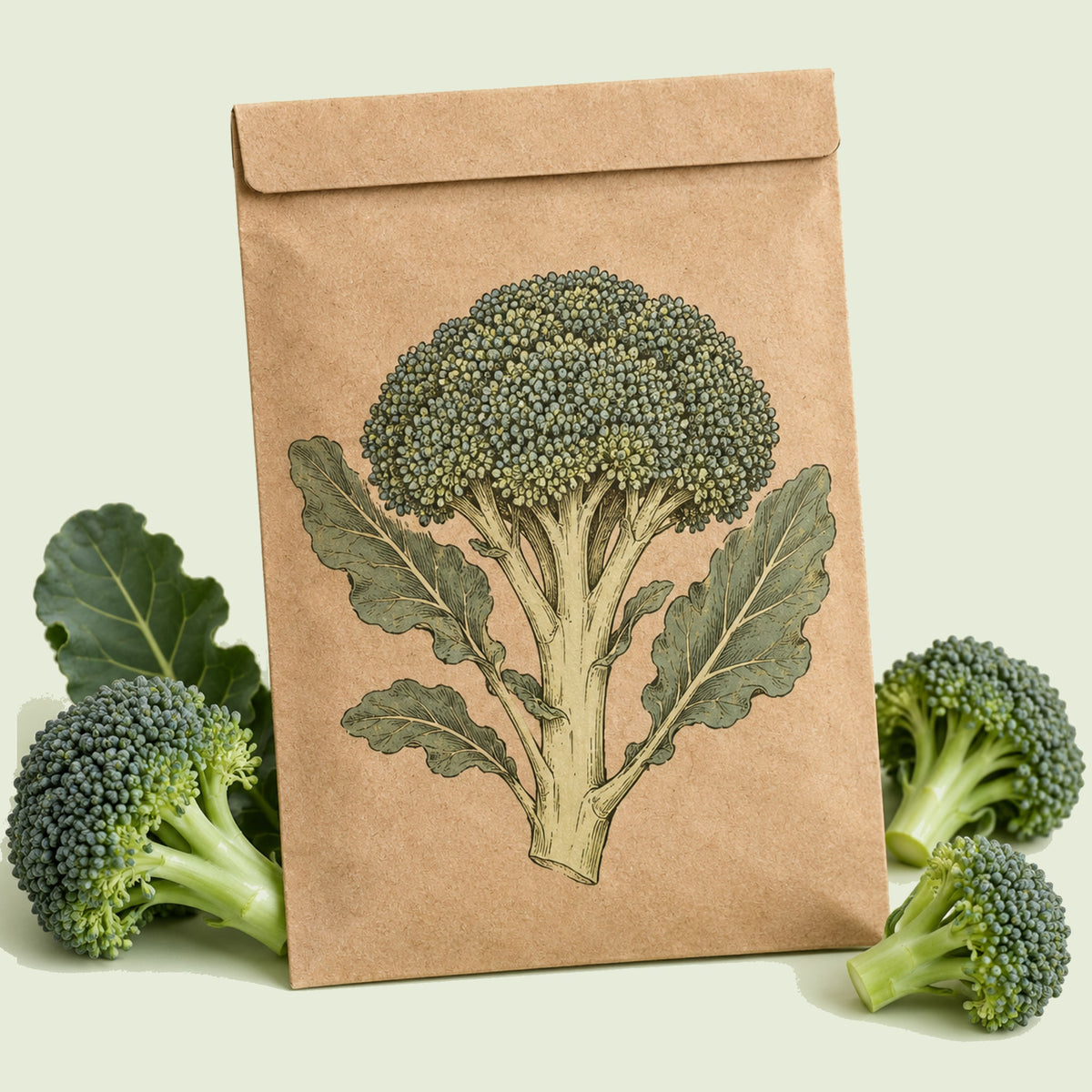 Kraft seed packet illustrated with Belstar Broccoli, with fresh Belstar Broccoli beside it
