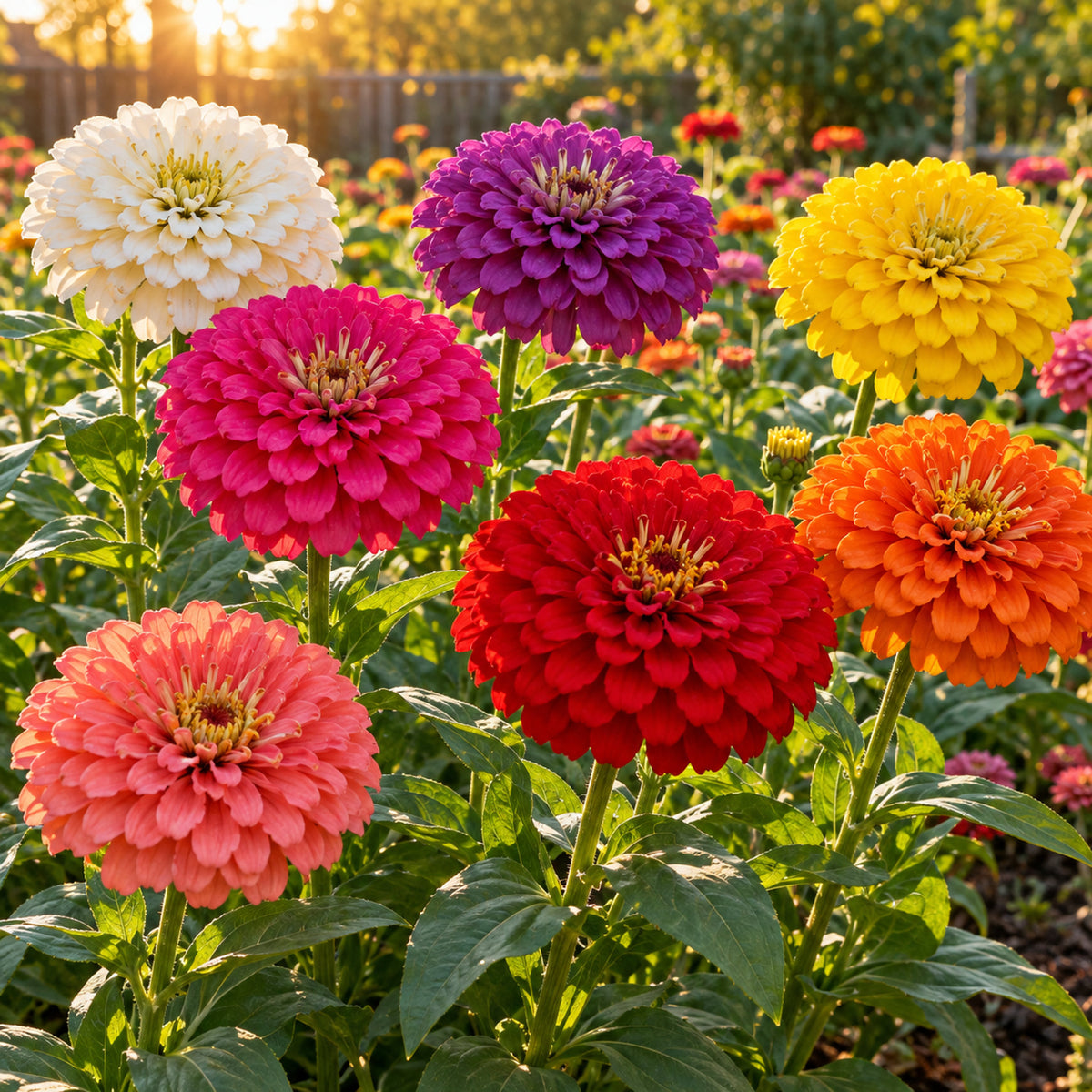 Benary's Giant Zinnia Blend Seeds growing in a home garden