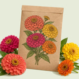 Kraft seed packet illustrated with Benary's Giant Zinnia Blend, with fresh Benary's Giant Zinnia Blend beside it