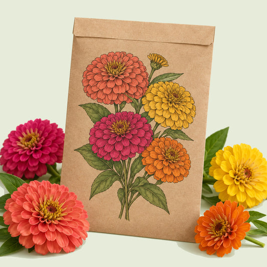 Kraft seed packet illustrated with Benary's Giant Zinnia Blend, with fresh Benary's Giant Zinnia Blend beside it