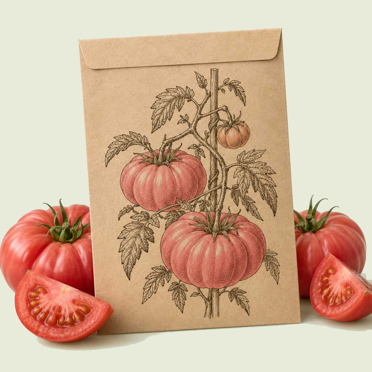 Kraft seed packet illustrated with Big Brandy Pole Tomato, with fresh Big Brandy Pole Tomato beside it