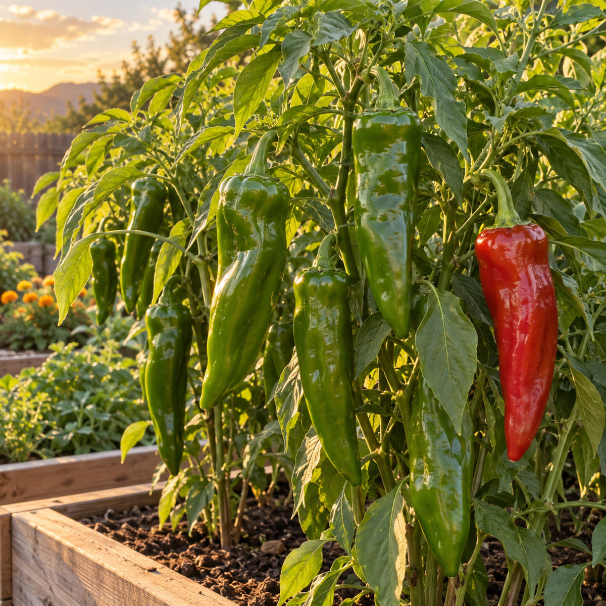 Big Jim New Mexico Chile Pepper Seeds growing in a home garden