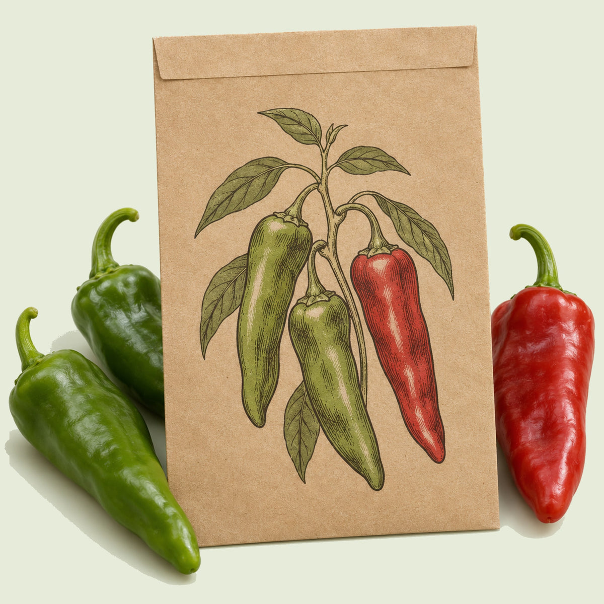 Kraft seed packet illustrated with Big Jim New Mexico Chile Pepper, with fresh Big Jim New Mexico Chile Pepper beside it
