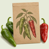 Kraft seed packet illustrated with Big Jim New Mexico Chile Pepper, with fresh Big Jim New Mexico Chile Pepper beside it