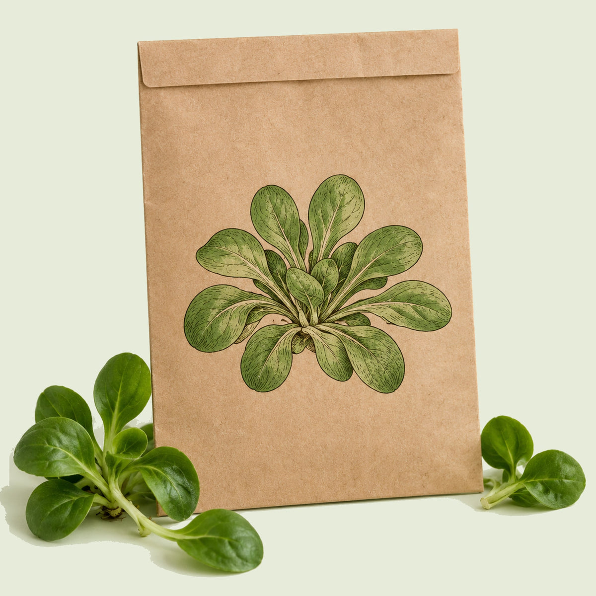 Kraft seed packet illustrated with Big Seeded M?che, with fresh Big Seeded M?che beside it