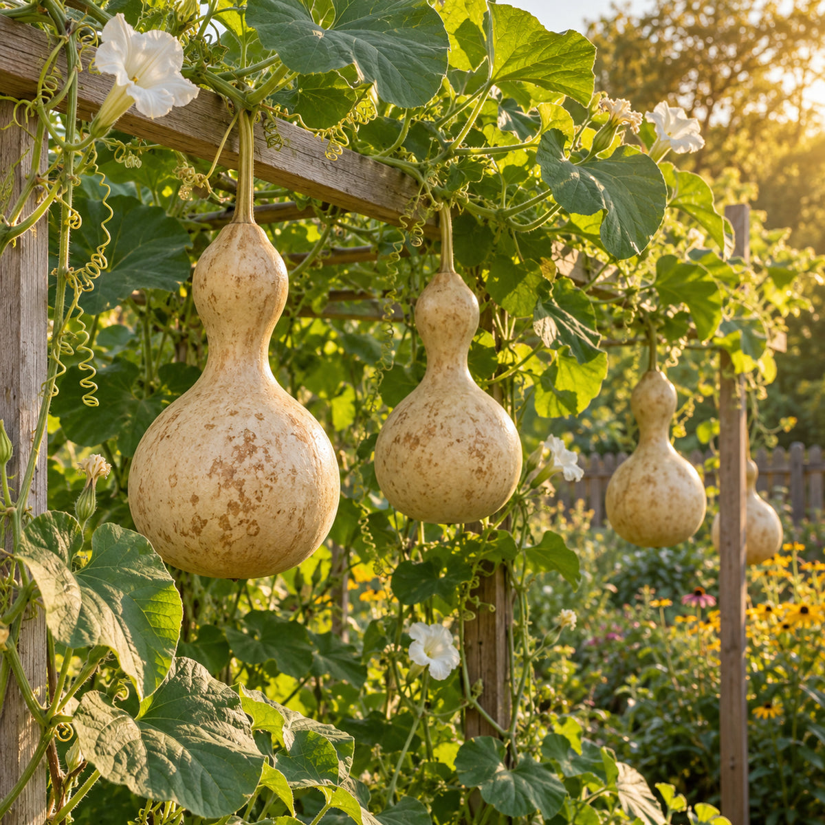 Birdhouse Hard Shelled Gourd Seeds growing in a home garden