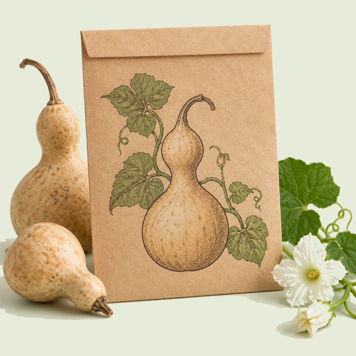 Kraft seed packet illustrated with Birdhouse Hard Shelled Gourd, with fresh Birdhouse Hard Shelled Gourd beside it