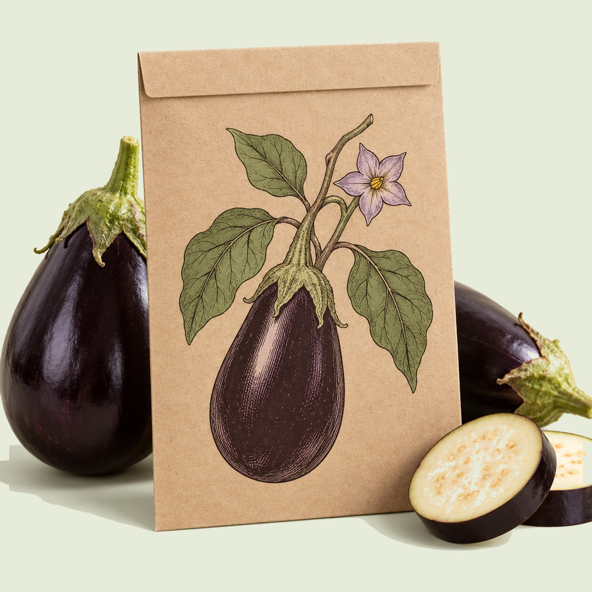 Kraft seed packet illustrated with Black Beauty Eggplant, with fresh Black Beauty Eggplant beside it