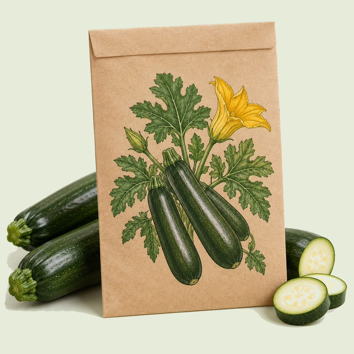 Kraft seed packet illustrated with Black Beauty Zucchini, with fresh Black Beauty Zucchini beside it