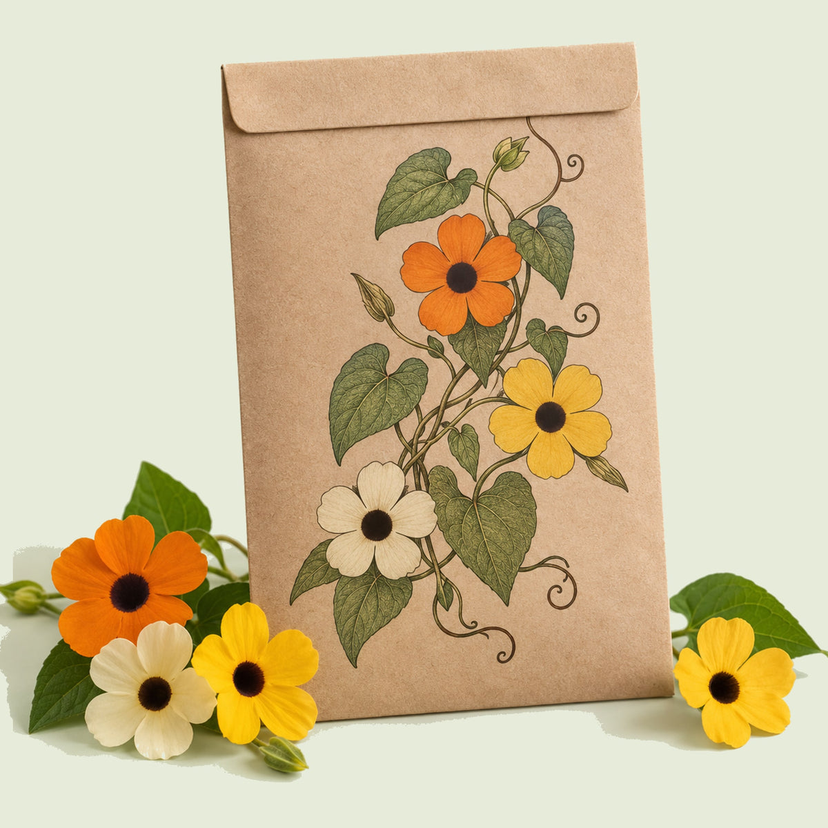 Kraft seed packet illustrated with Black-Eyed Susan Vine, with fresh Black-Eyed Susan Vine beside it