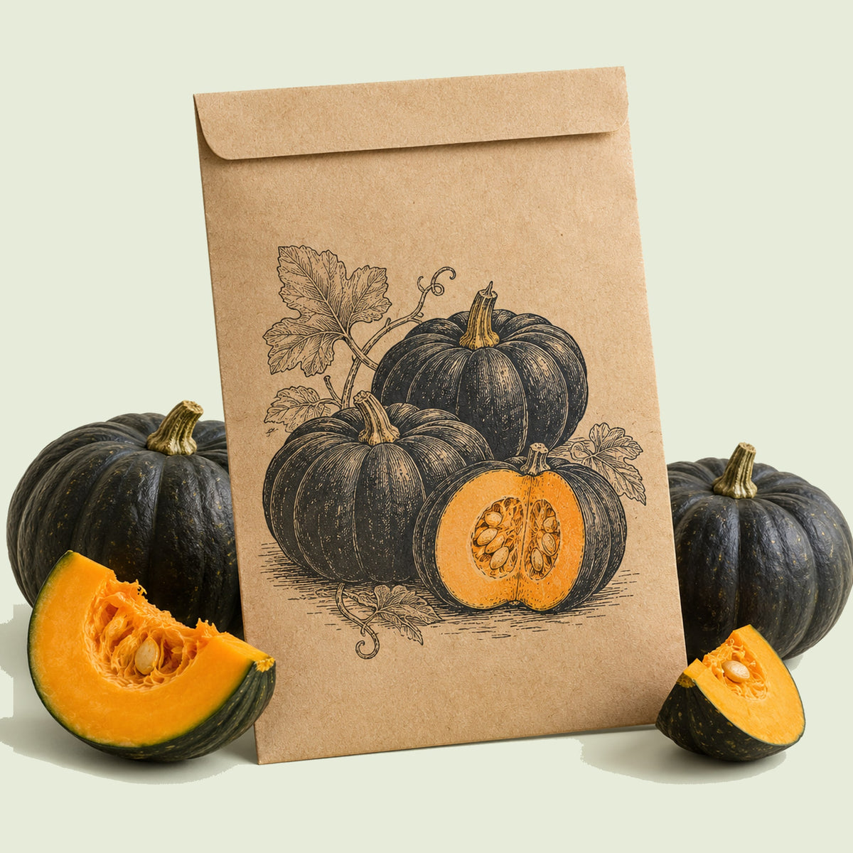 Kraft seed packet illustrated with Black Kat Pumpkin, with fresh Black Kat Pumpkin beside it