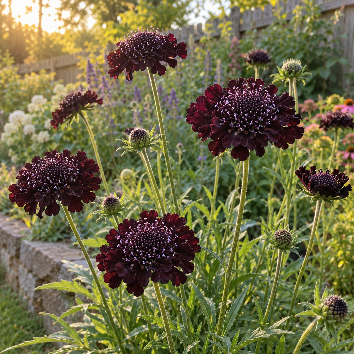 Black Knight Pincushion Flower Seeds growing in a home garden
