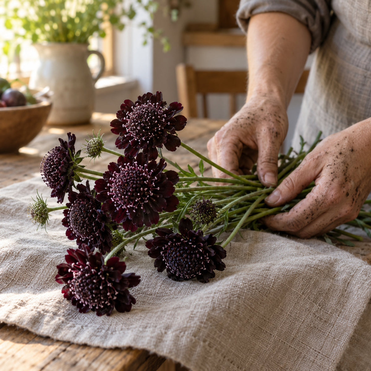 Black Knight Pincushion Flower Seeds harvest up close