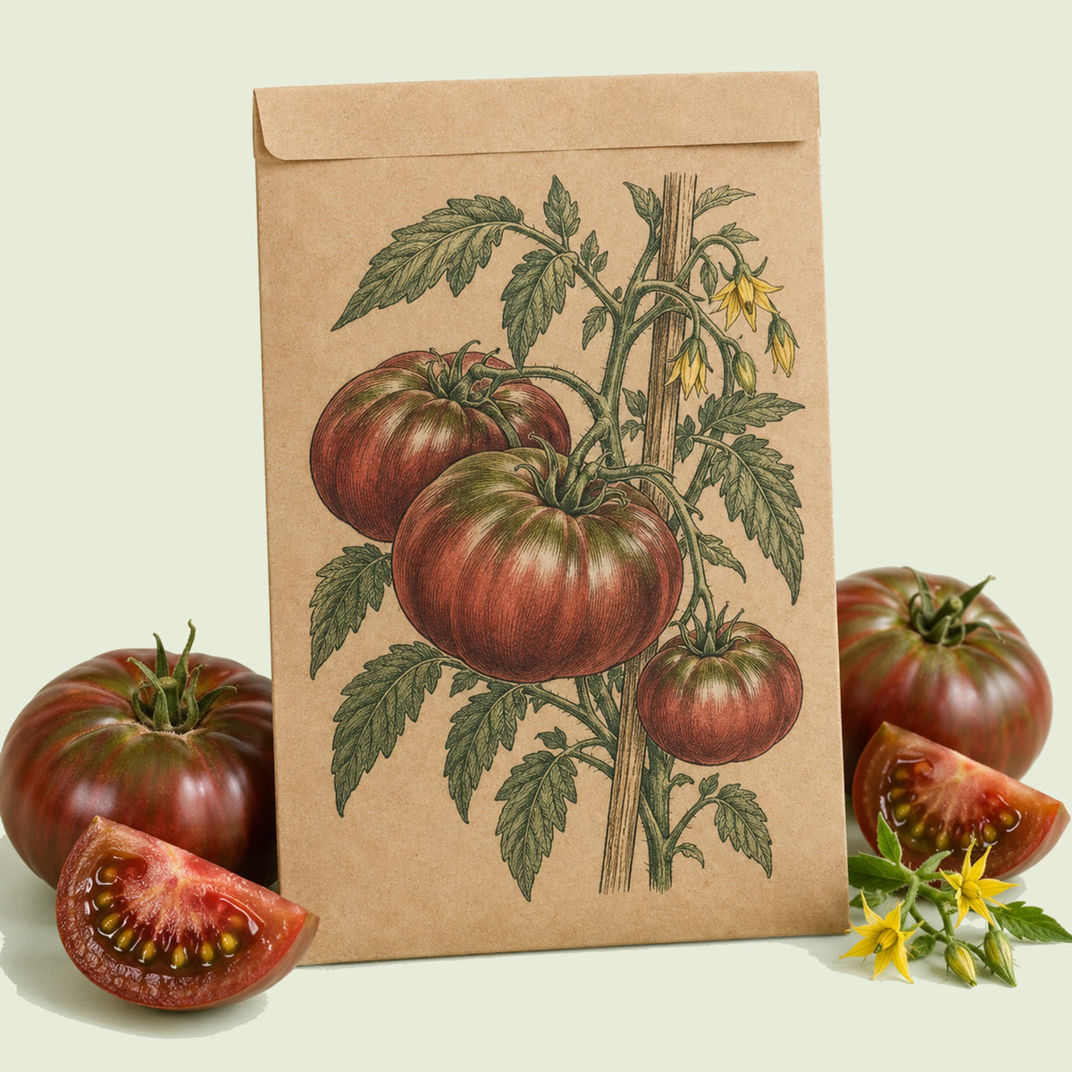 Kraft seed packet illustrated with Black Krim Pole Tomato, with fresh Black Krim Pole Tomato beside it