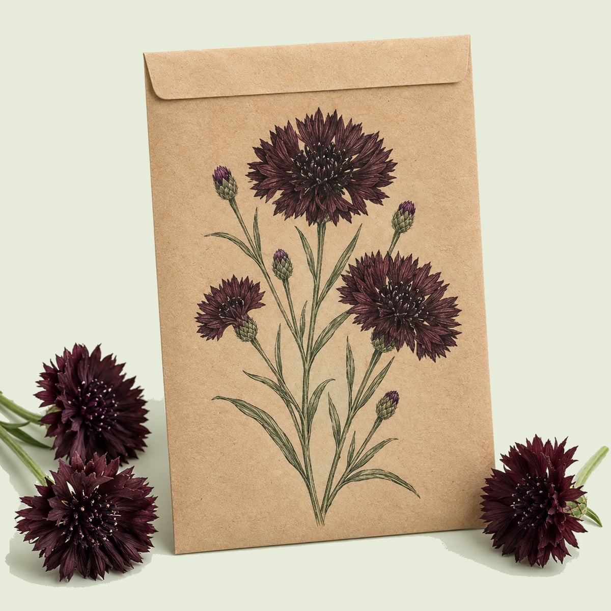 Kraft seed packet illustrated with Black Magic Bachelor's Button, with fresh Black Magic Bachelor's Button beside it