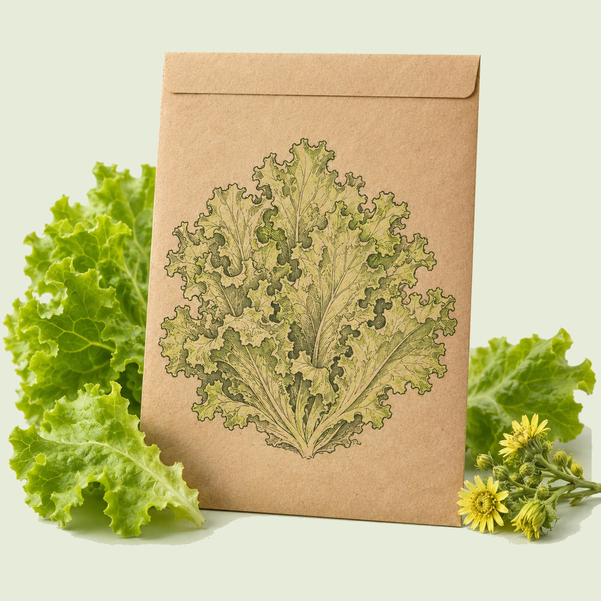 Kraft seed packet illustrated with Black Seeded Simpson Lettuce, with fresh Black Seeded Simpson Lettuce beside it