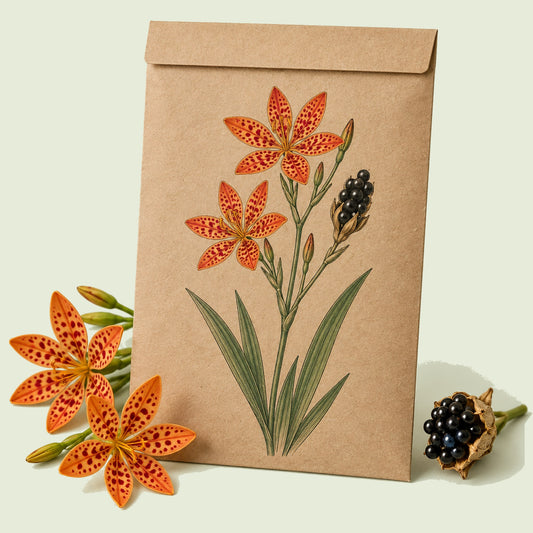Kraft seed packet illustrated with Blackberry Lily, with fresh Blackberry Lily beside it
