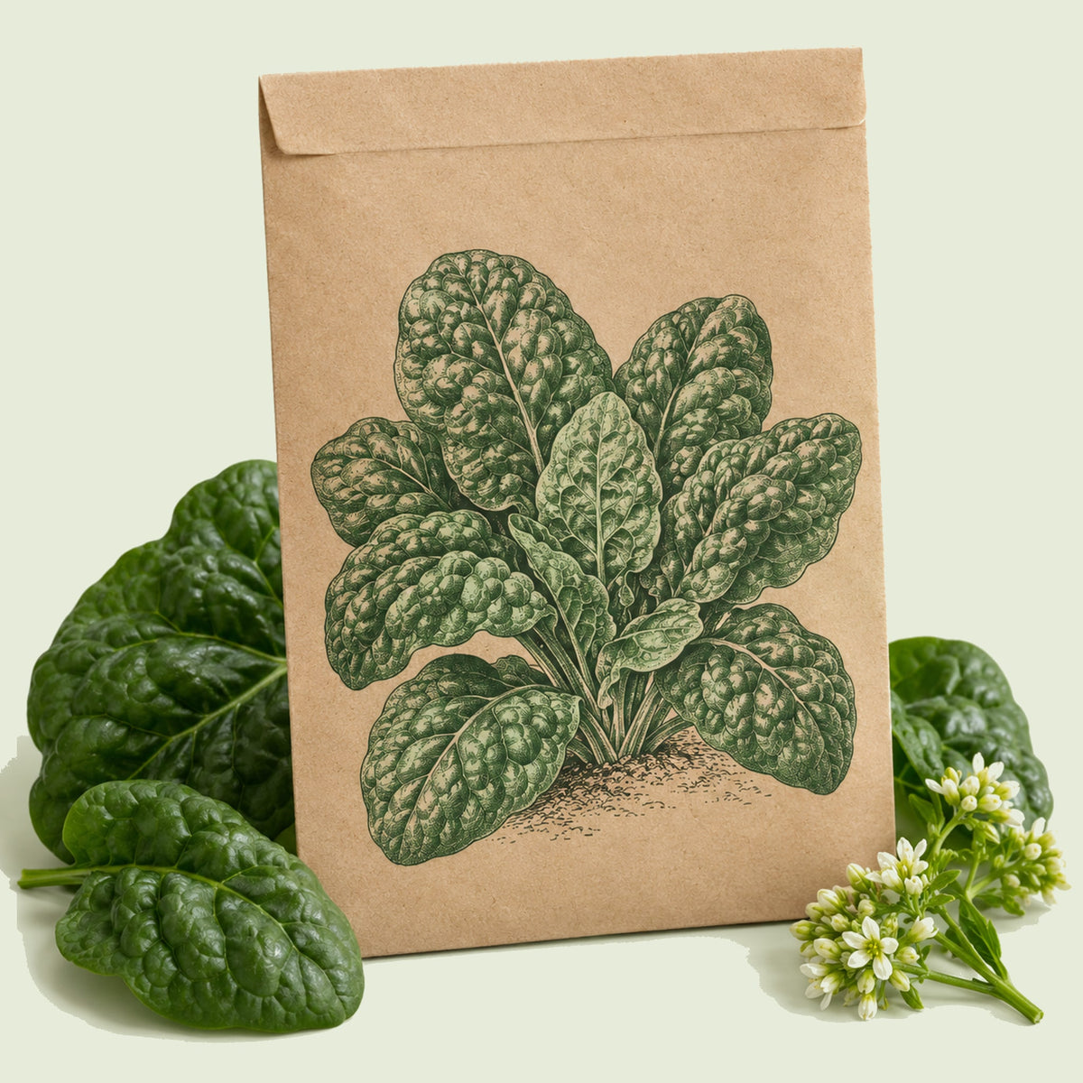 Kraft seed packet illustrated with Bloomsdale Spinach Heirloom, with fresh Bloomsdale Spinach Heirloom beside it