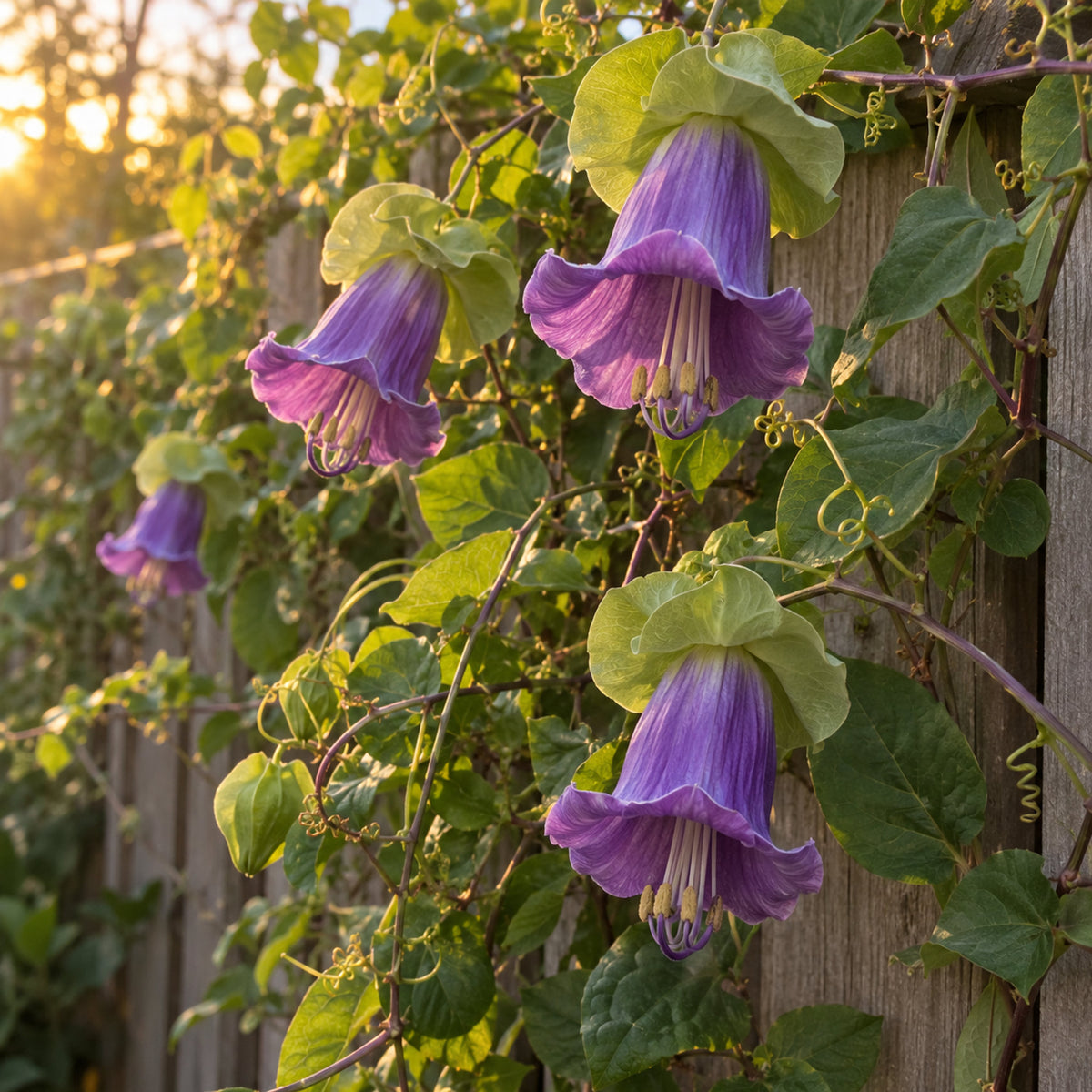Blue Cathedral Bells Cup and Saucer Vine Seeds growing in a home garden