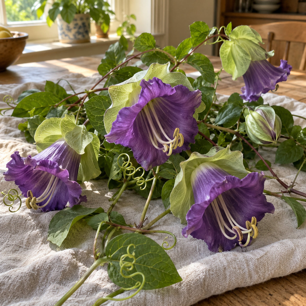 Blue Cathedral Bells Cup and Saucer Vine Seeds harvest up close