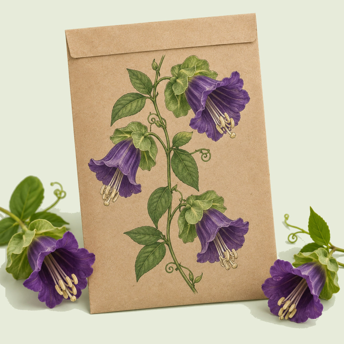 Kraft seed packet illustrated with Blue Cathedral Bells Cup and Saucer Vine, with fresh Blue Cathedral Bells Cup and Saucer Vine beside it