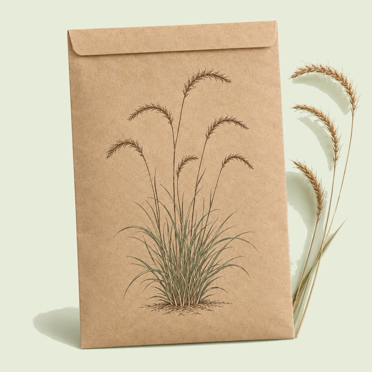 Kraft seed packet illustrated with Blue Grama Grass, with fresh Blue Grama Grass beside it