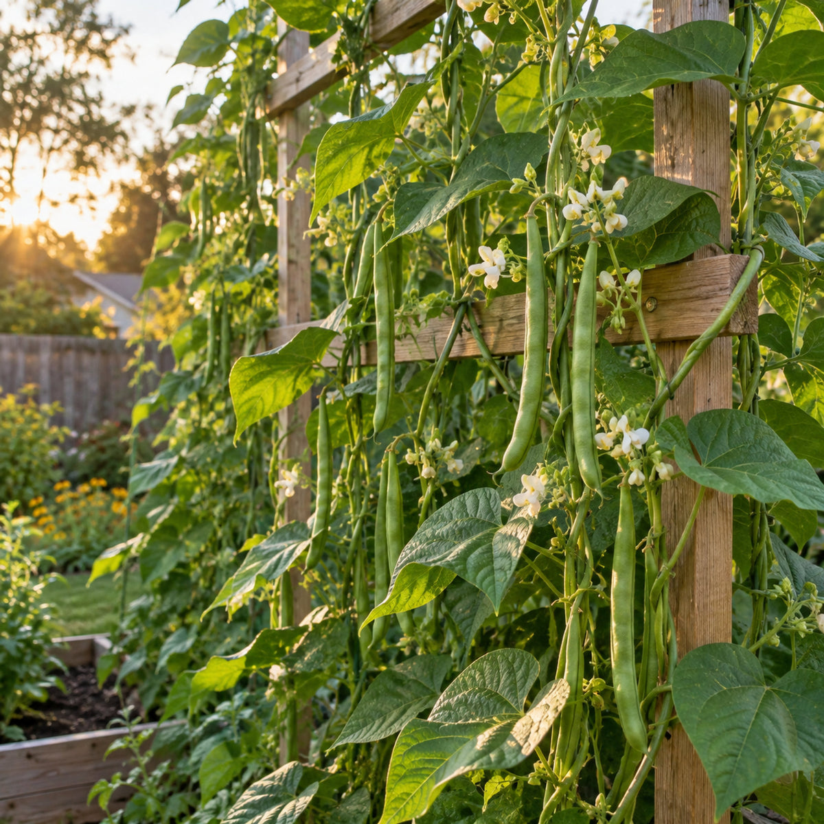 Blue Lake FM-1K Climbing Bean Seeds growing in a home garden