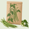 Kraft seed packet illustrated with Blue Lake FM-1K Climbing Bean, with fresh Blue Lake FM-1K Climbing Bean beside it