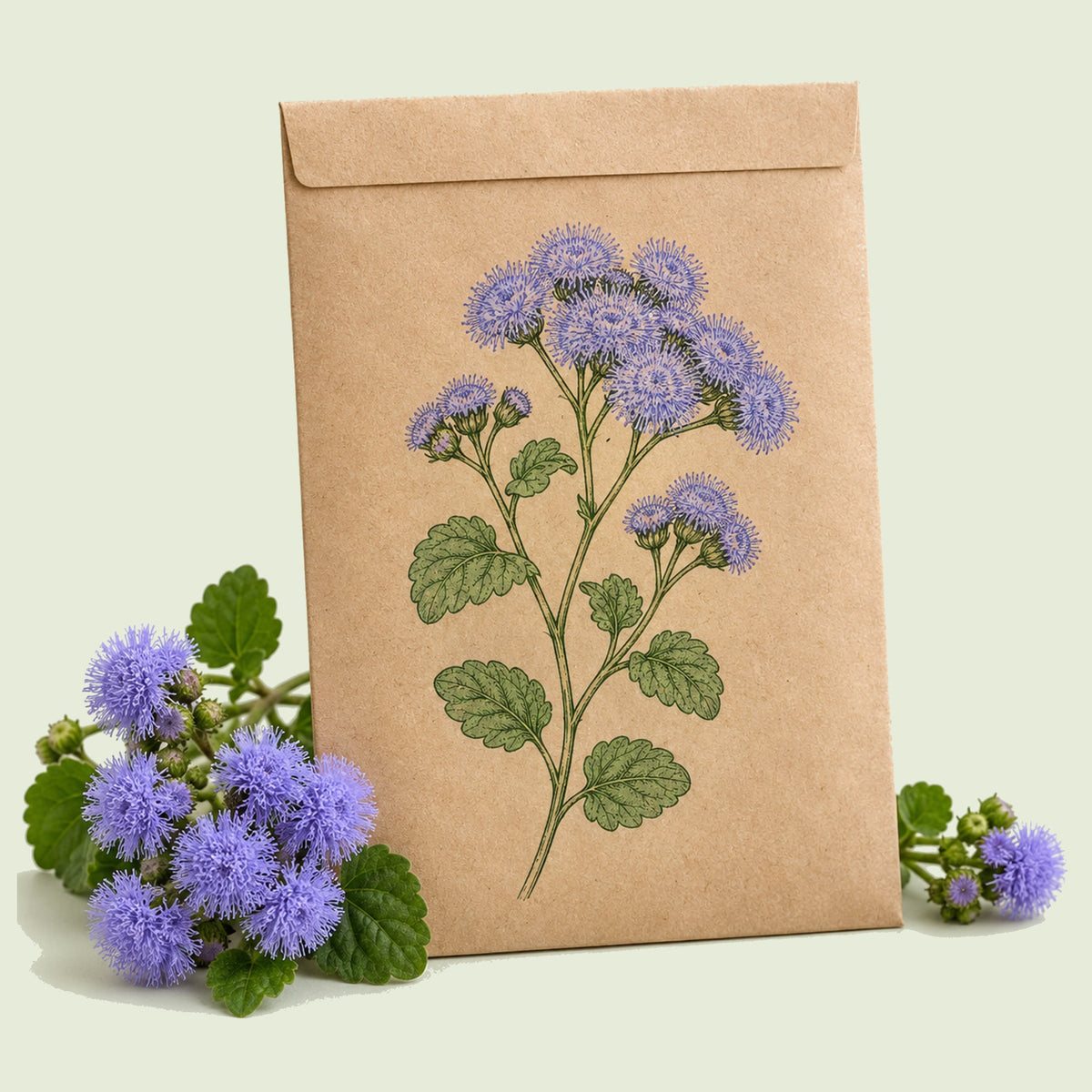 Kraft seed packet illustrated with Blue Planet Ageratum, with fresh Blue Planet Ageratum beside it
