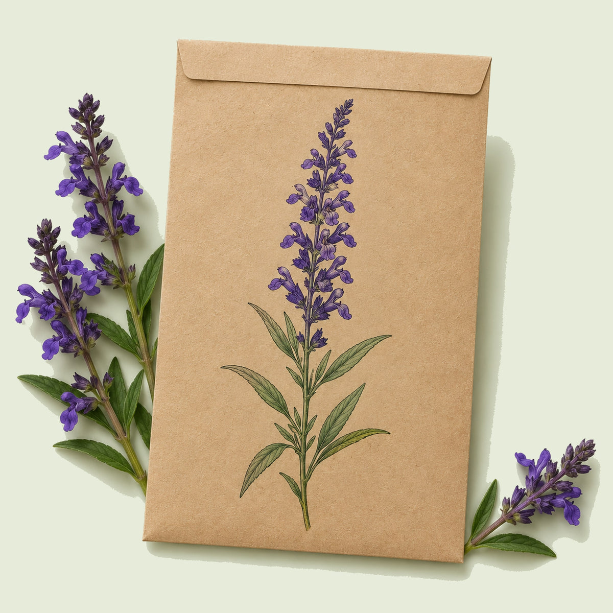Kraft seed packet illustrated with Blue Victory Salvia, with fresh Blue Victory Salvia beside it