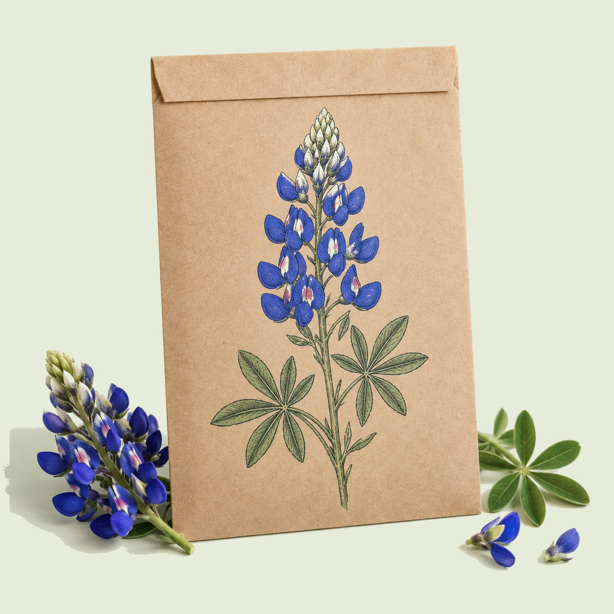Kraft seed packet illustrated with Bluebonnet, with fresh Bluebonnet beside it
