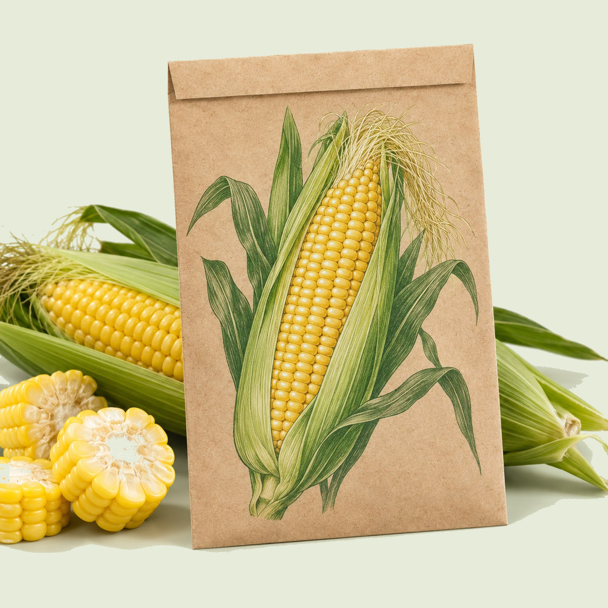 Kraft seed packet illustrated with Bodacious Sweet Corn, with fresh Bodacious Sweet Corn beside it