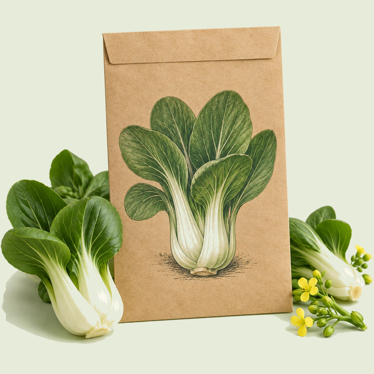 Kraft seed packet illustrated with Bok Choy Choko, with fresh Bok Choy Choko beside it