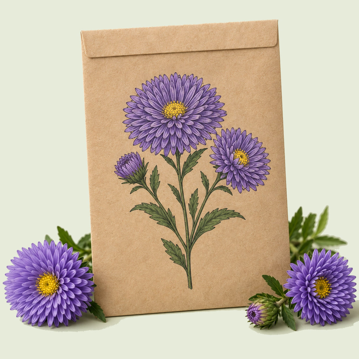 Kraft seed packet illustrated with Bonita Top Blue Aster, with fresh Bonita Top Blue Aster beside it