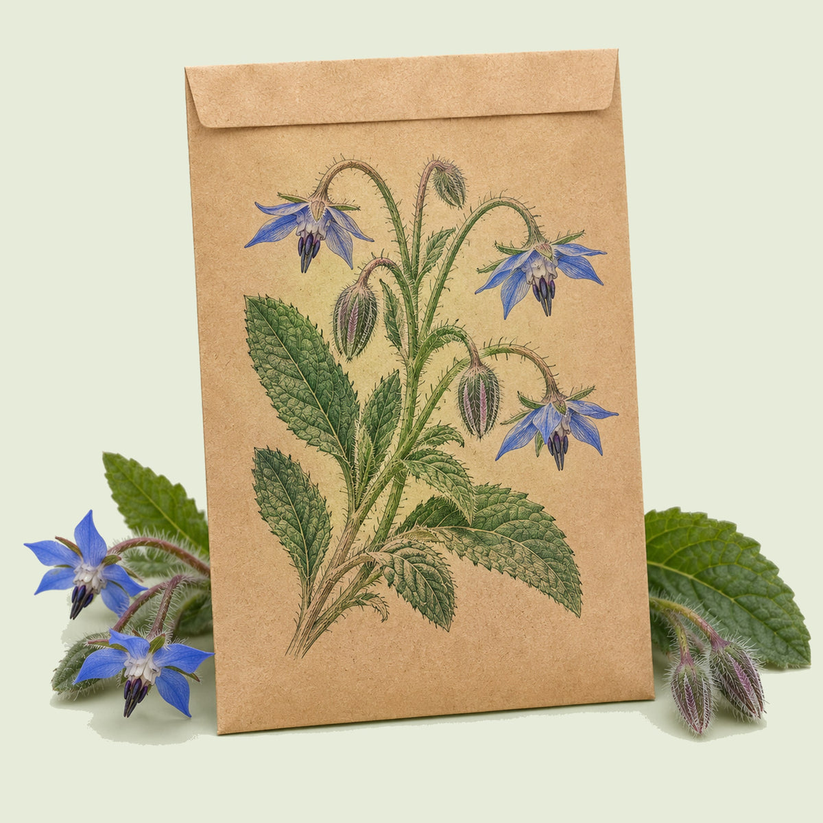 Kraft seed packet illustrated with Borage Blue Flower Herb, with fresh Borage Blue Flower Herb beside it