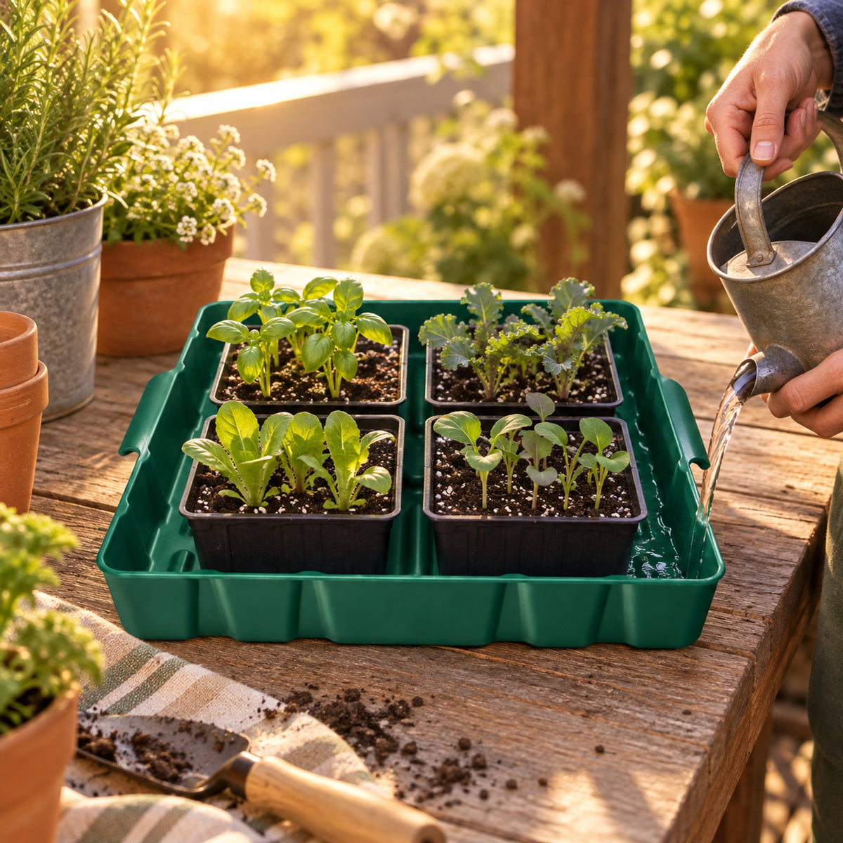 Bottom Watering Tray, 10 x 10 Inches in use in a home garden
