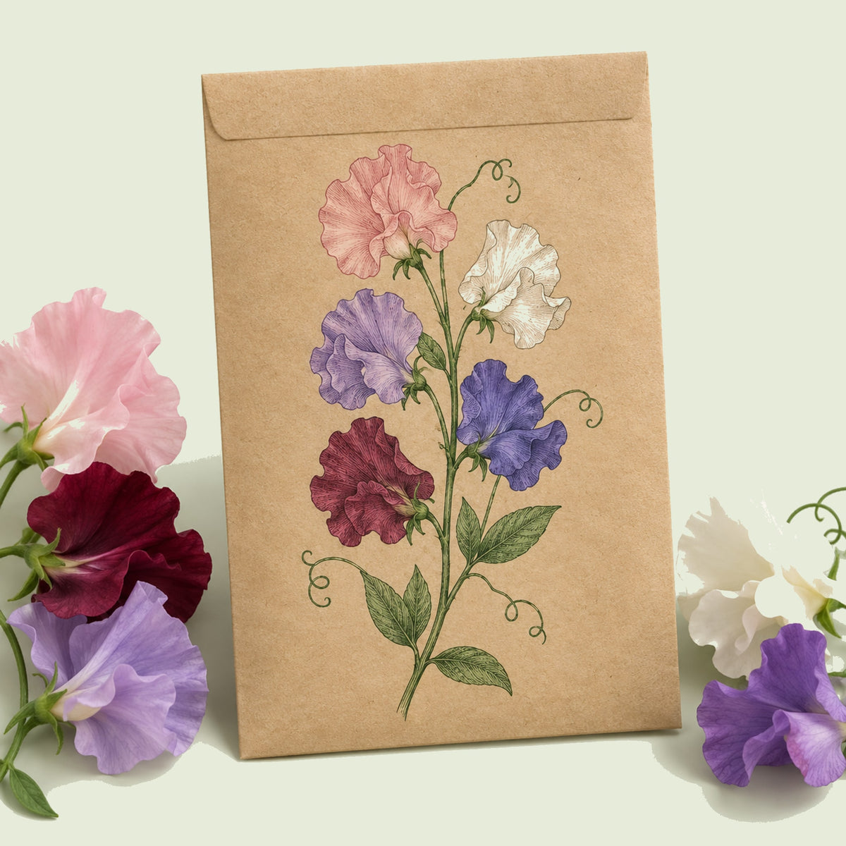 Kraft seed packet illustrated with Bouquet Blend Sweet Pea, with fresh Bouquet Blend Sweet Pea beside it