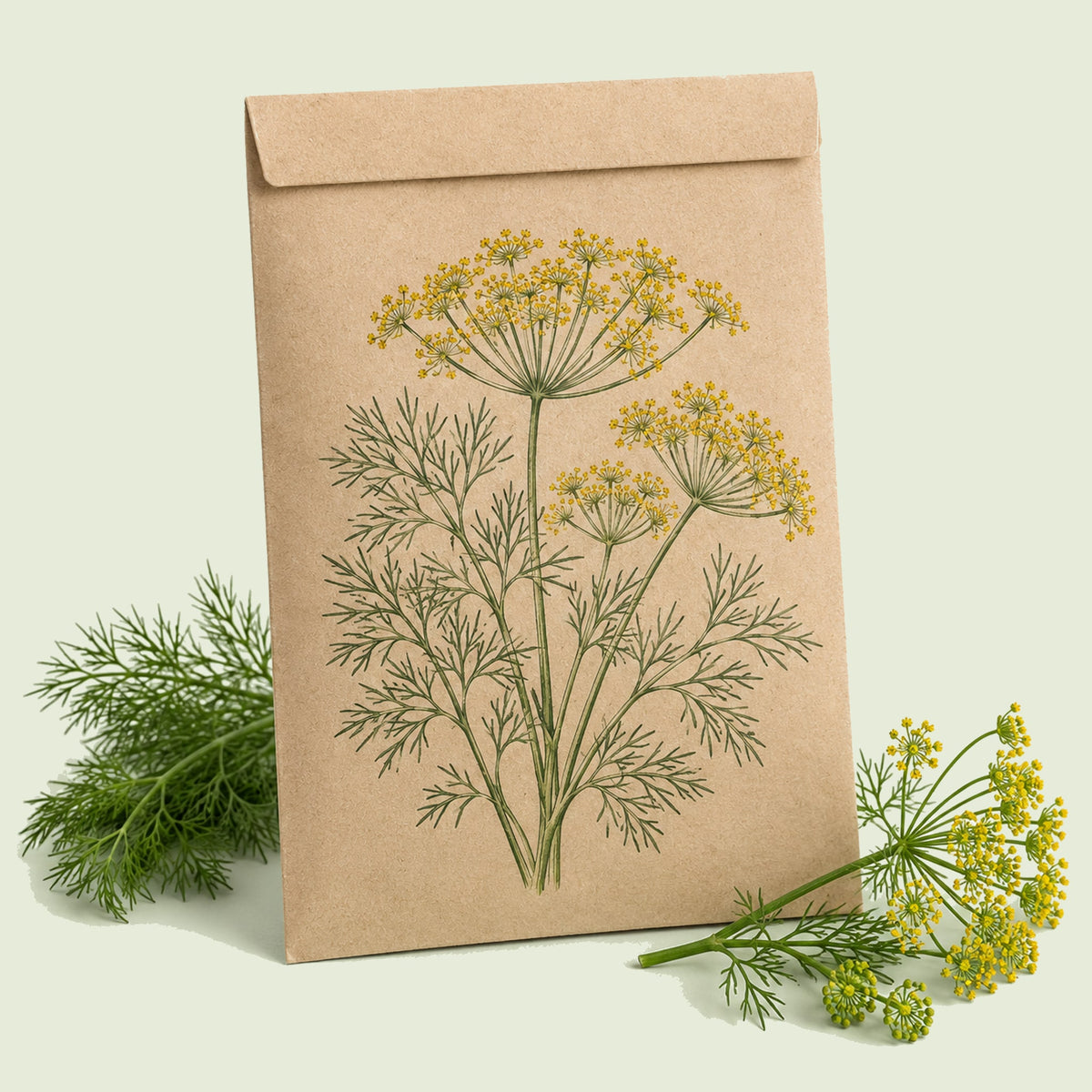 Kraft seed packet illustrated with Bouquet Dill, with fresh Bouquet Dill beside it