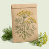 Kraft seed packet illustrated with Bouquet Dill, with fresh Bouquet Dill beside it