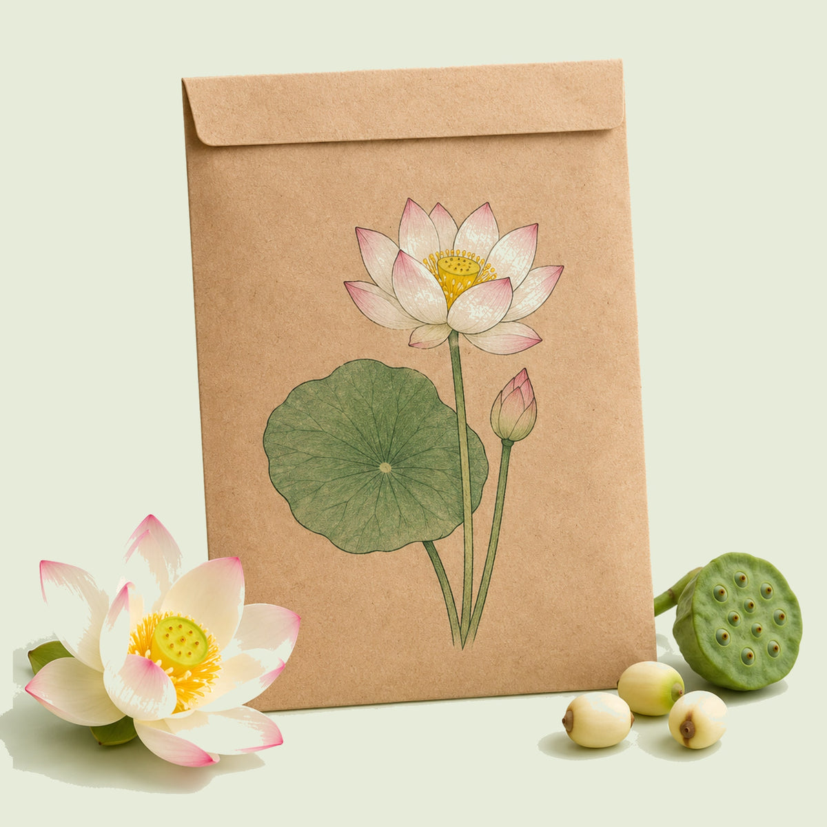Kraft seed packet illustrated with Bowl Lotus, with fresh Bowl Lotus beside it