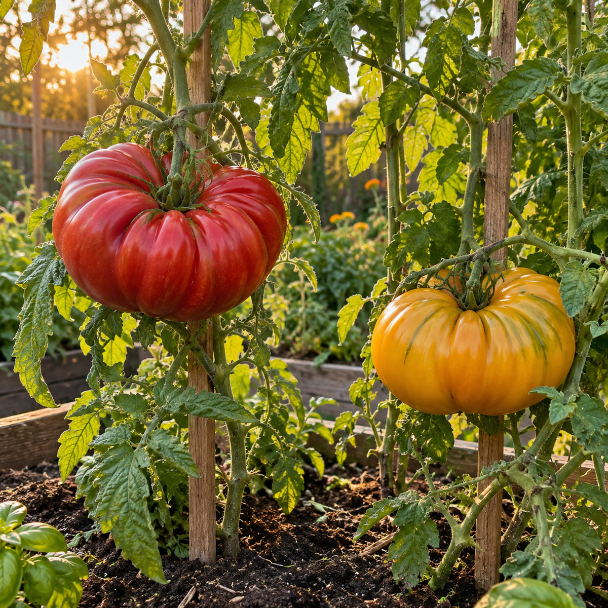 Brandywine Red & Yellow Blend Pole Tomato Seeds growing in a home garden